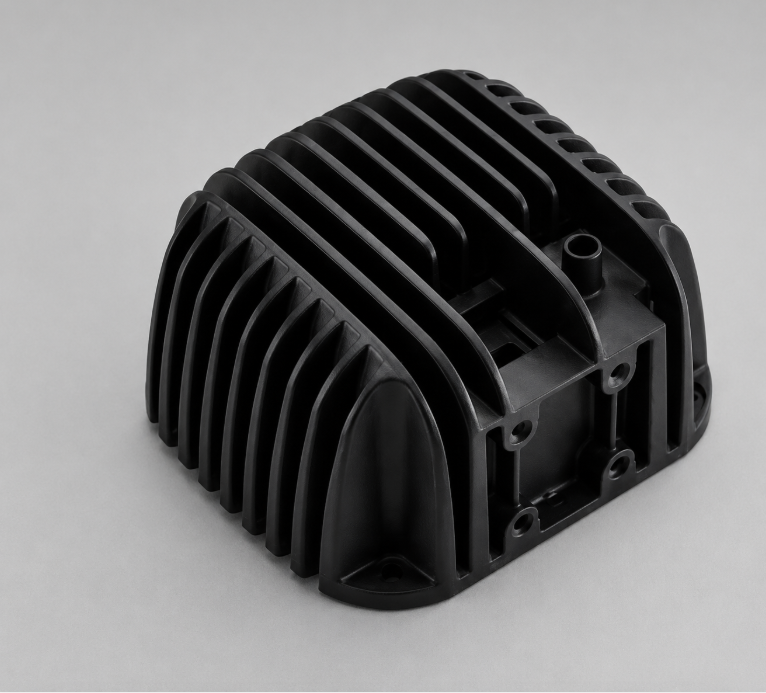 Black die cast heat sink housing component