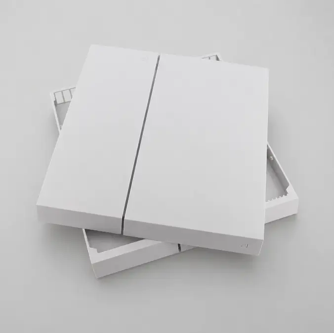 Gloss white powder coated metal enclosure with smooth surface finish