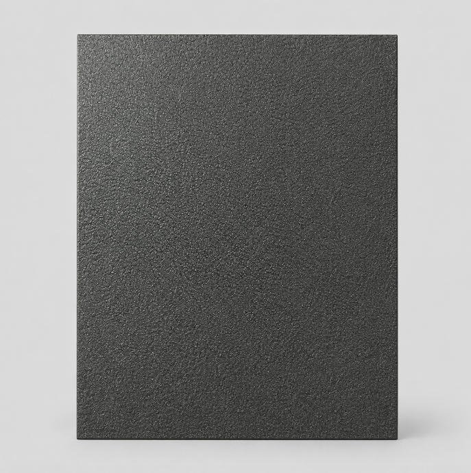 Textured black powder coated metal panel surface finish