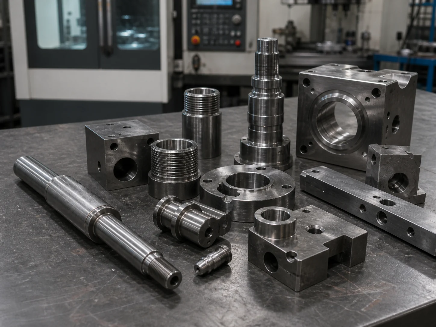 CNC machined carbon steel shafts, blocks, threaded parts and mechanical components