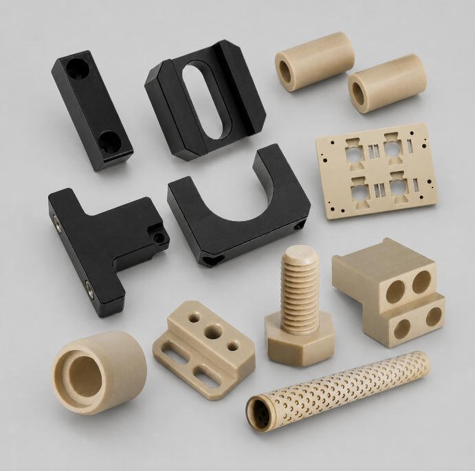 industrial injection molded plastic components in black and beige materials