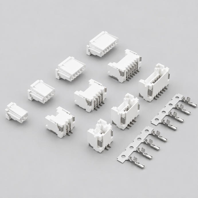 white injection molded connector components with metal terminals