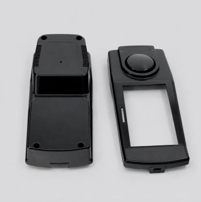 black injection molded electronic housings with display and screw features