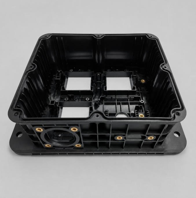black insert molded plastic housing with threaded metal inserts