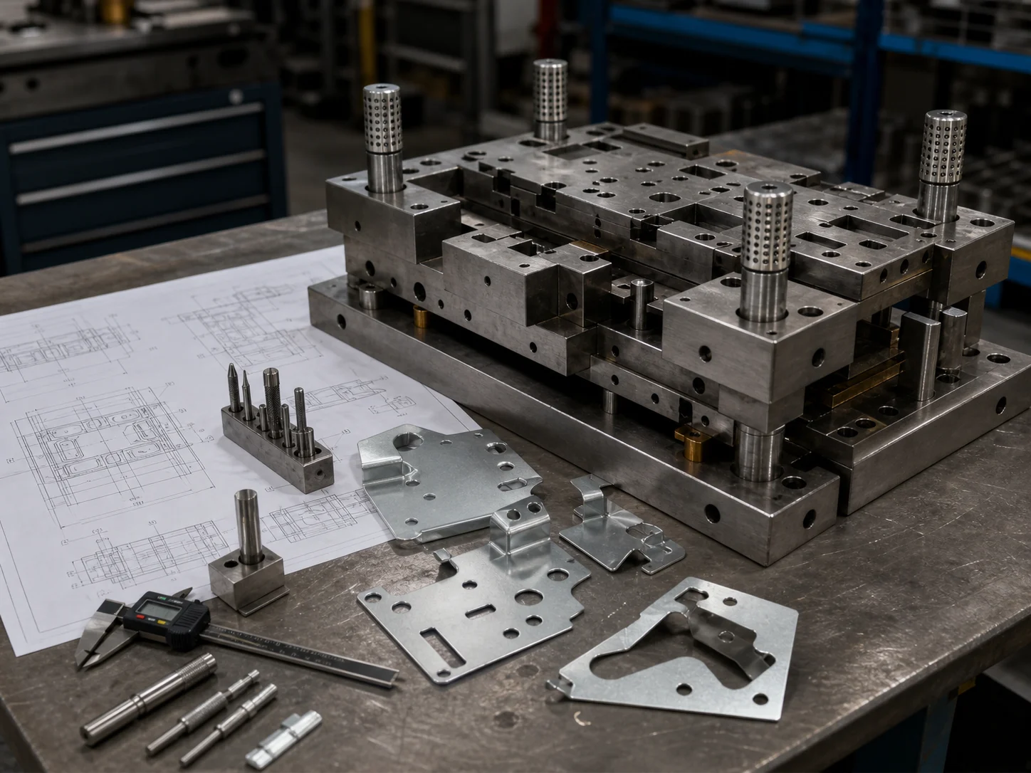Stamping tooling DFM review with die, drawing, stamped parts and inspection tools