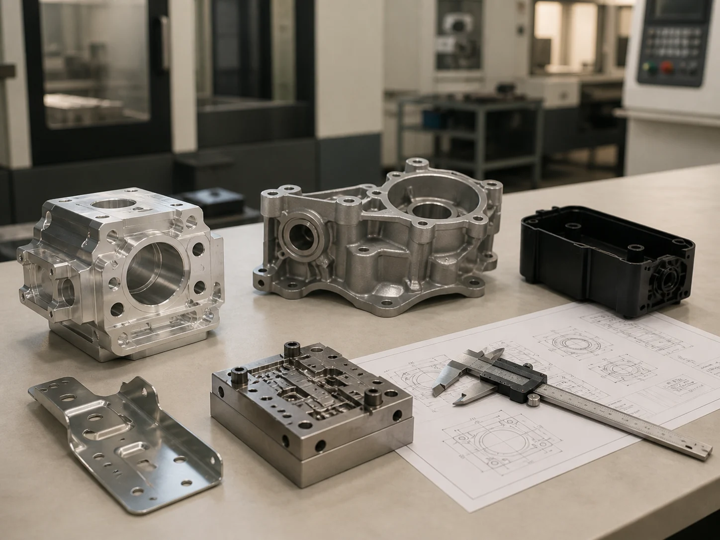 Engineering review worktable with CNC machined, cast, molded, stamped and tooling sample parts