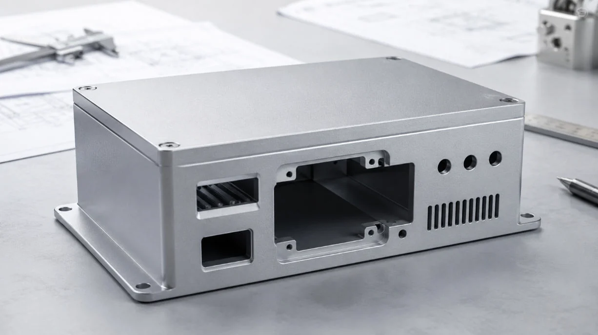 Aluminum housing engineering workspace showing CNC machined and die cast OEM enclosures.