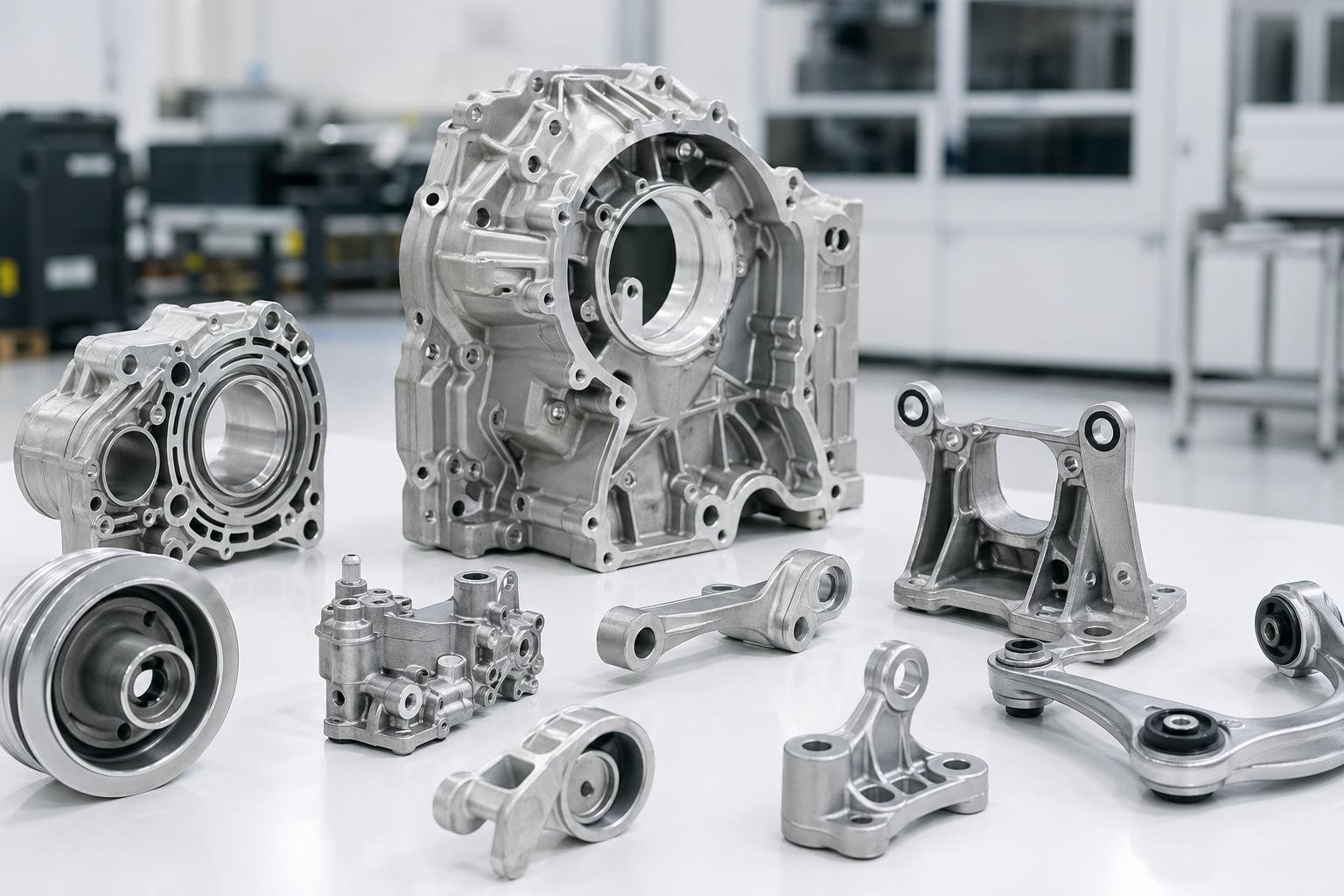 Automotive precision metal housings, brackets, and structural components arranged on a clean industrial table