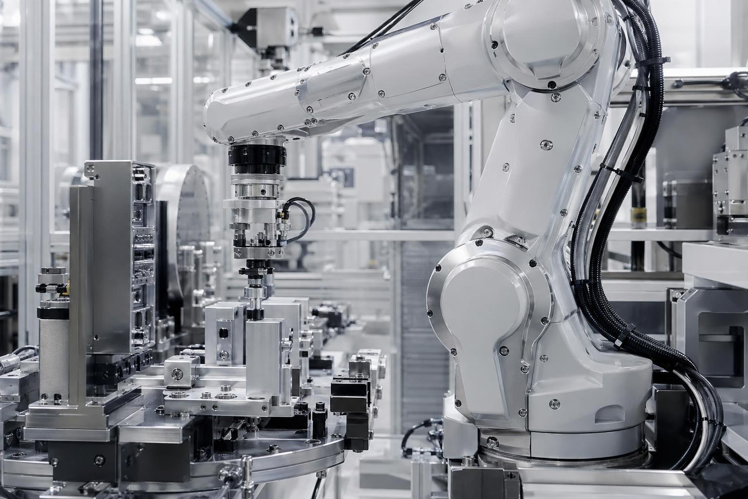 Robotic arm with precision machined metal joints inside a clean automation equipment assembly line
