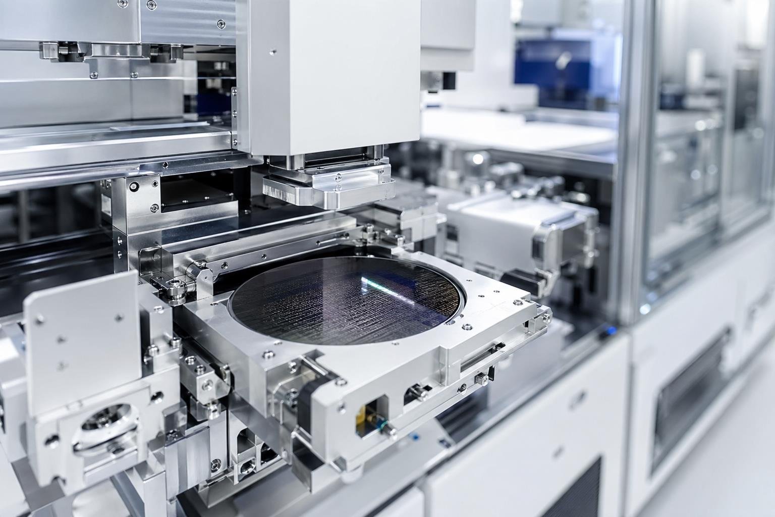 Semiconductor wafer handling module and precision cleanroom fixtures in bright equipment assembly lighting
