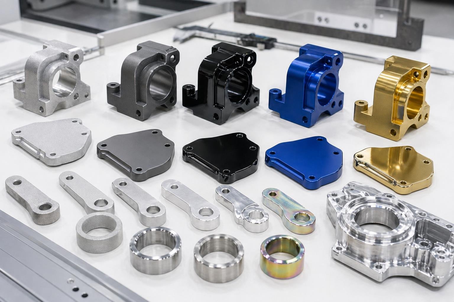 Precision OEM parts showing anodized, polished, blasted, and coated surface finish variations