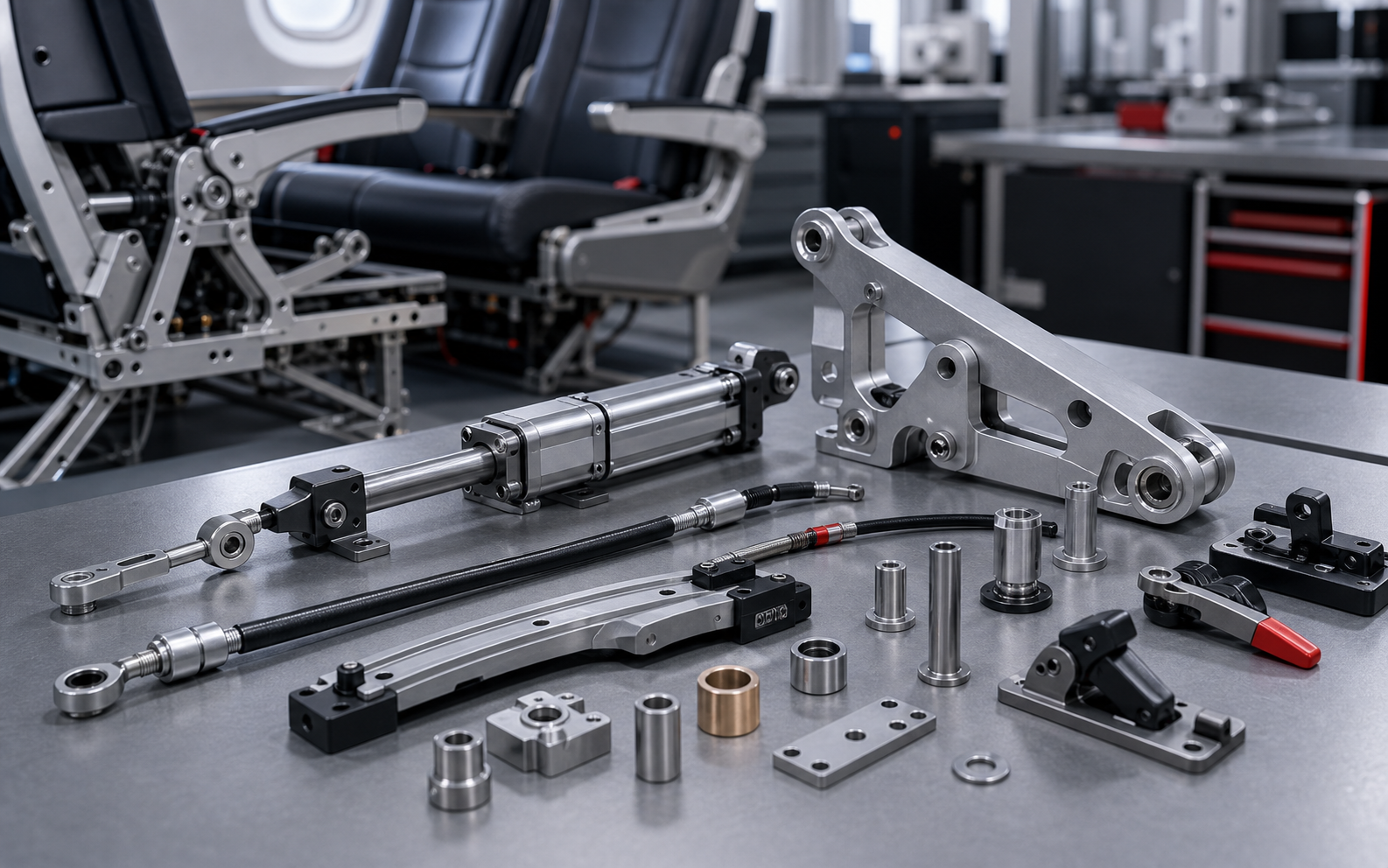 Aircraft seat component solutions including control cables actuator cylinders locking components and hardware parts