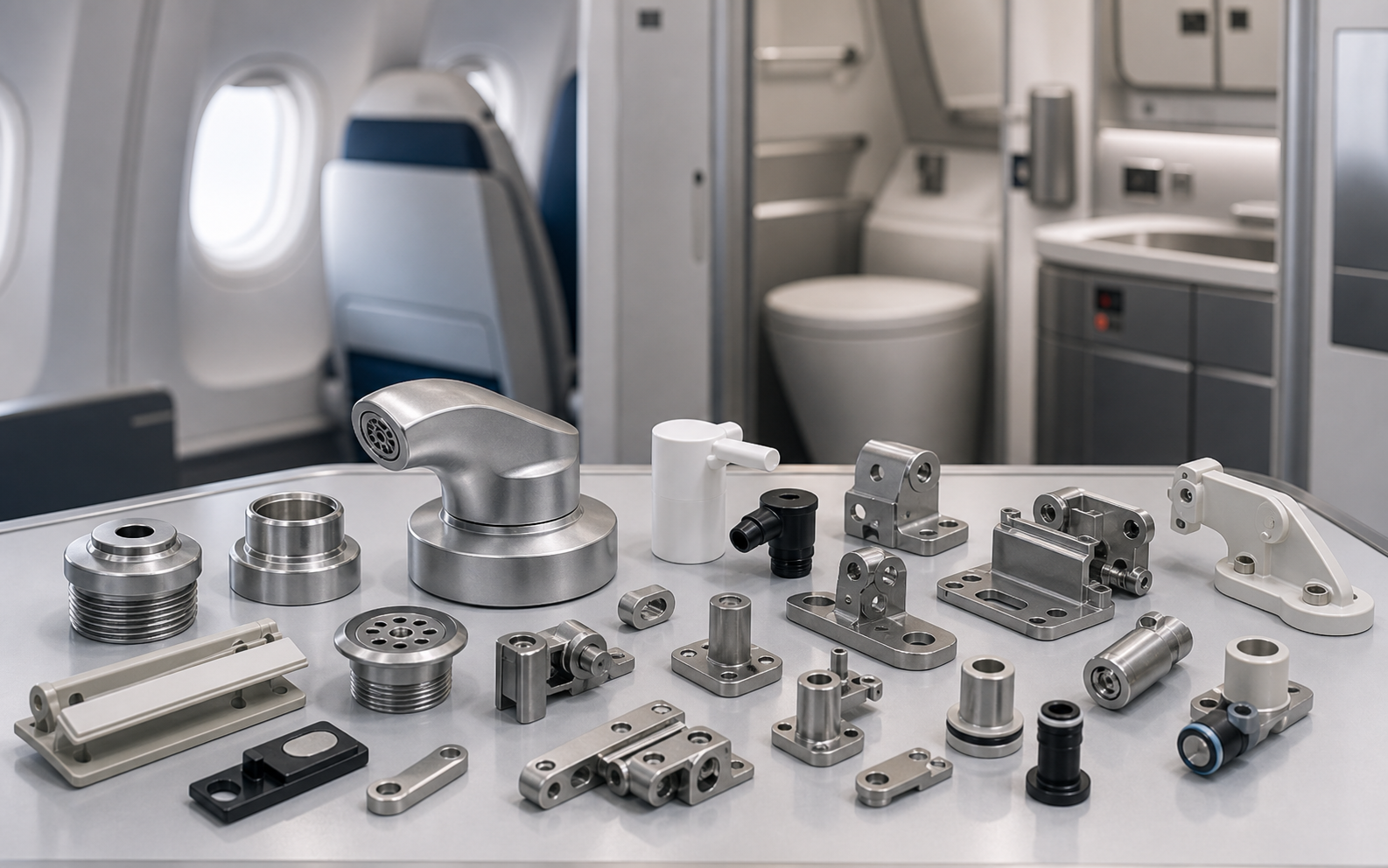 Aircraft cabin interior hardware with custom cabin fittings and lavatory parts