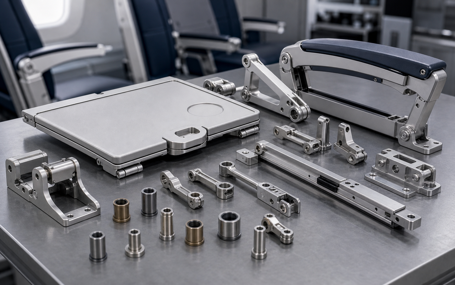 Aircraft tray table and armrest assembly hardware with hinge and support components